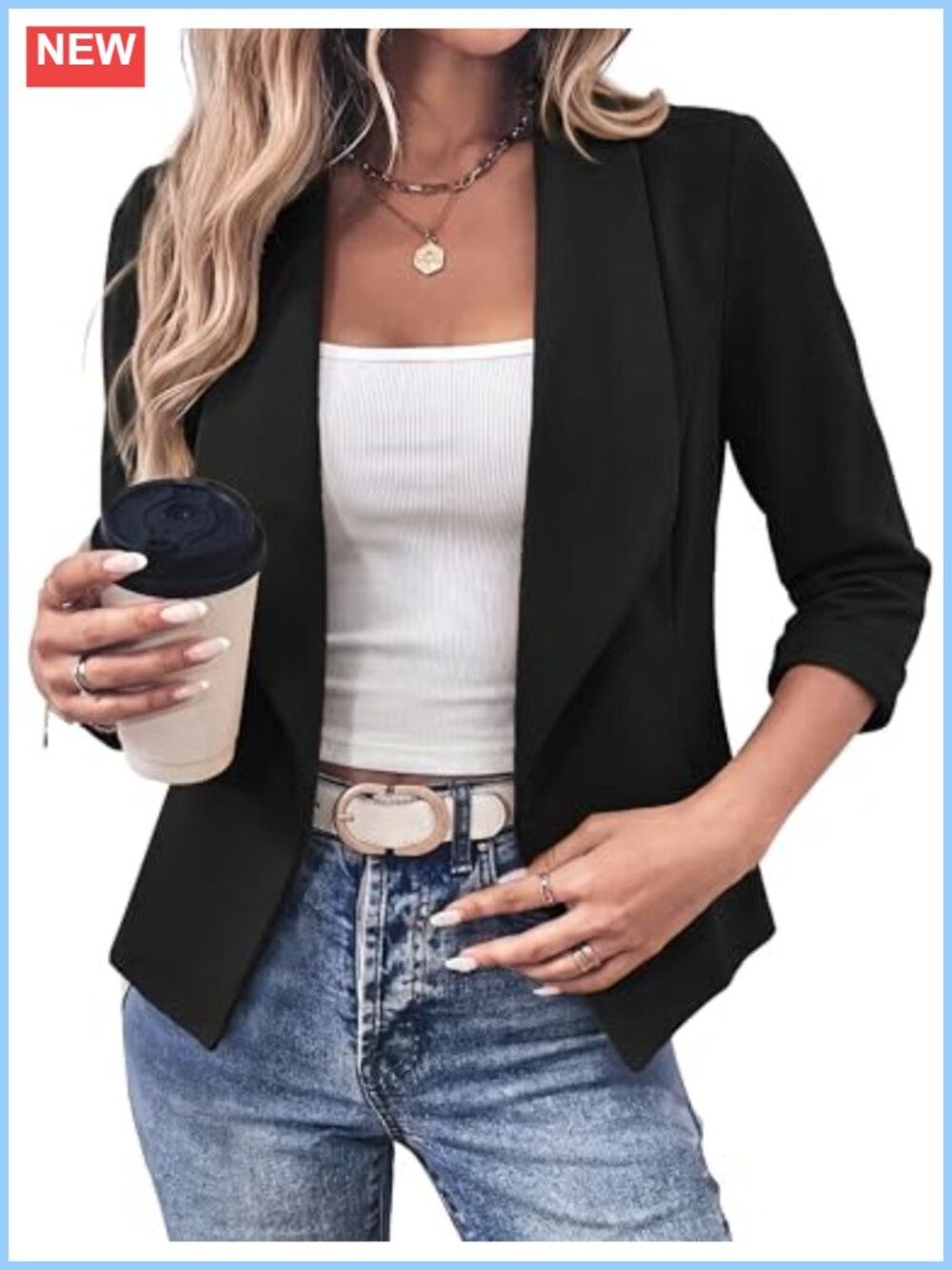 Cropped Blazer 3/4 Sleeve Open Front Lightweight Suit Jacket